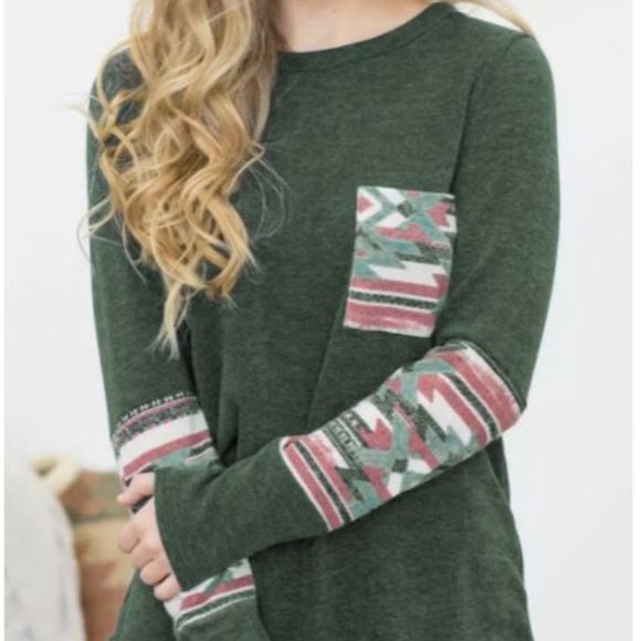 Tops - Green Aztec Patchwotk Long Sleeve Top